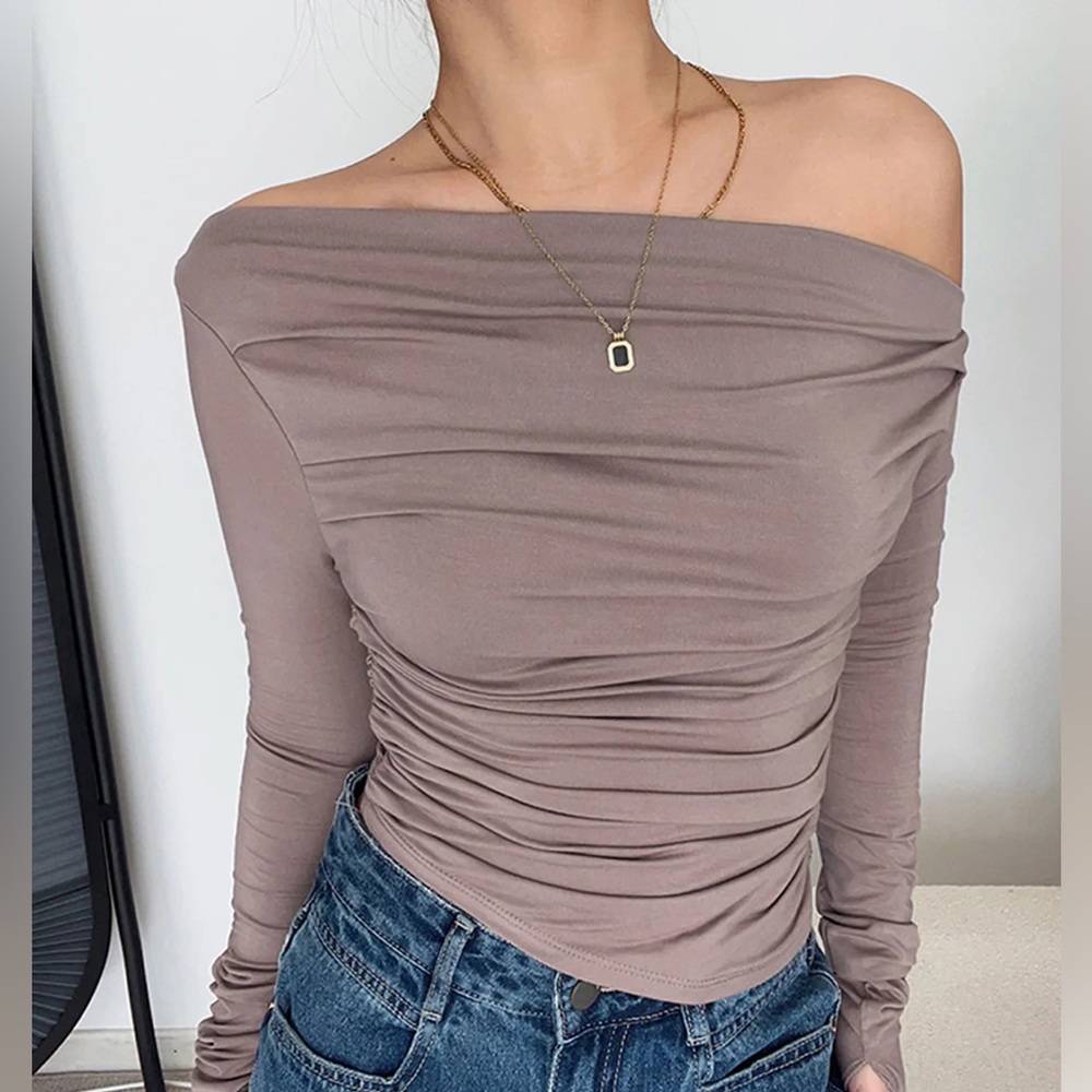Elegant Off-Shoulder Taupe Top